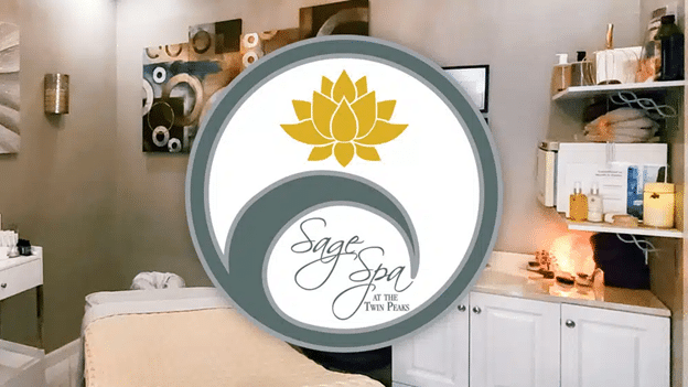 Sage Spa logo over a treatment room scene.